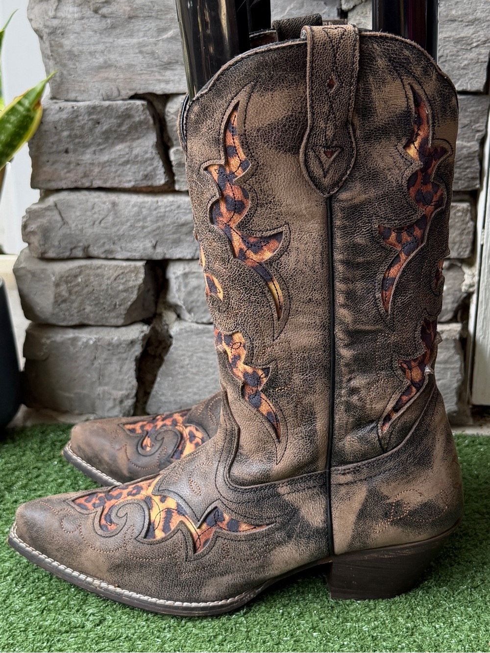 Laredo 52130 Aphrika Leather Distressed Leopard Women’s Cowgirl Boots